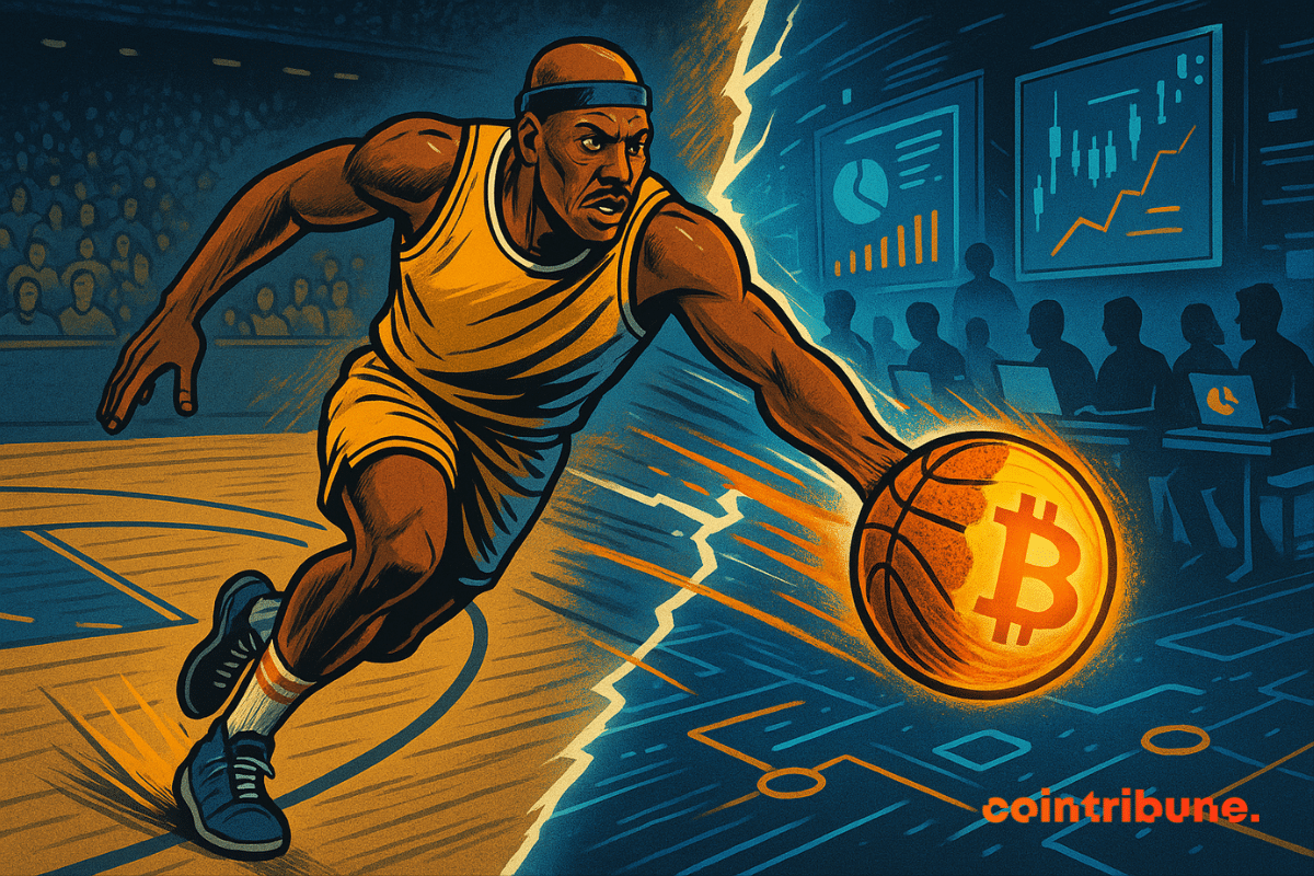 Scottie Pippen dribla uma bola de basquete que se transforma em um símbolo brilhante do Bitcoin enquanto ele cruza a quadra para um mundo digital.
