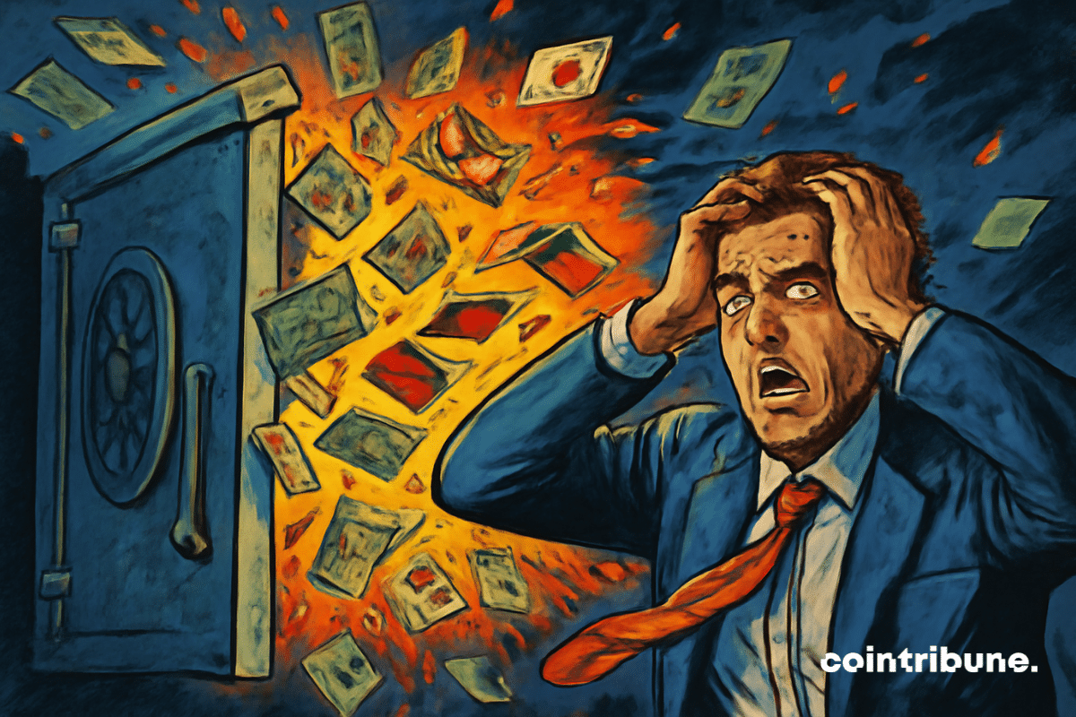 Um cofre gigante se abre para revelar uma torrente de notas e símbolos financeiros.