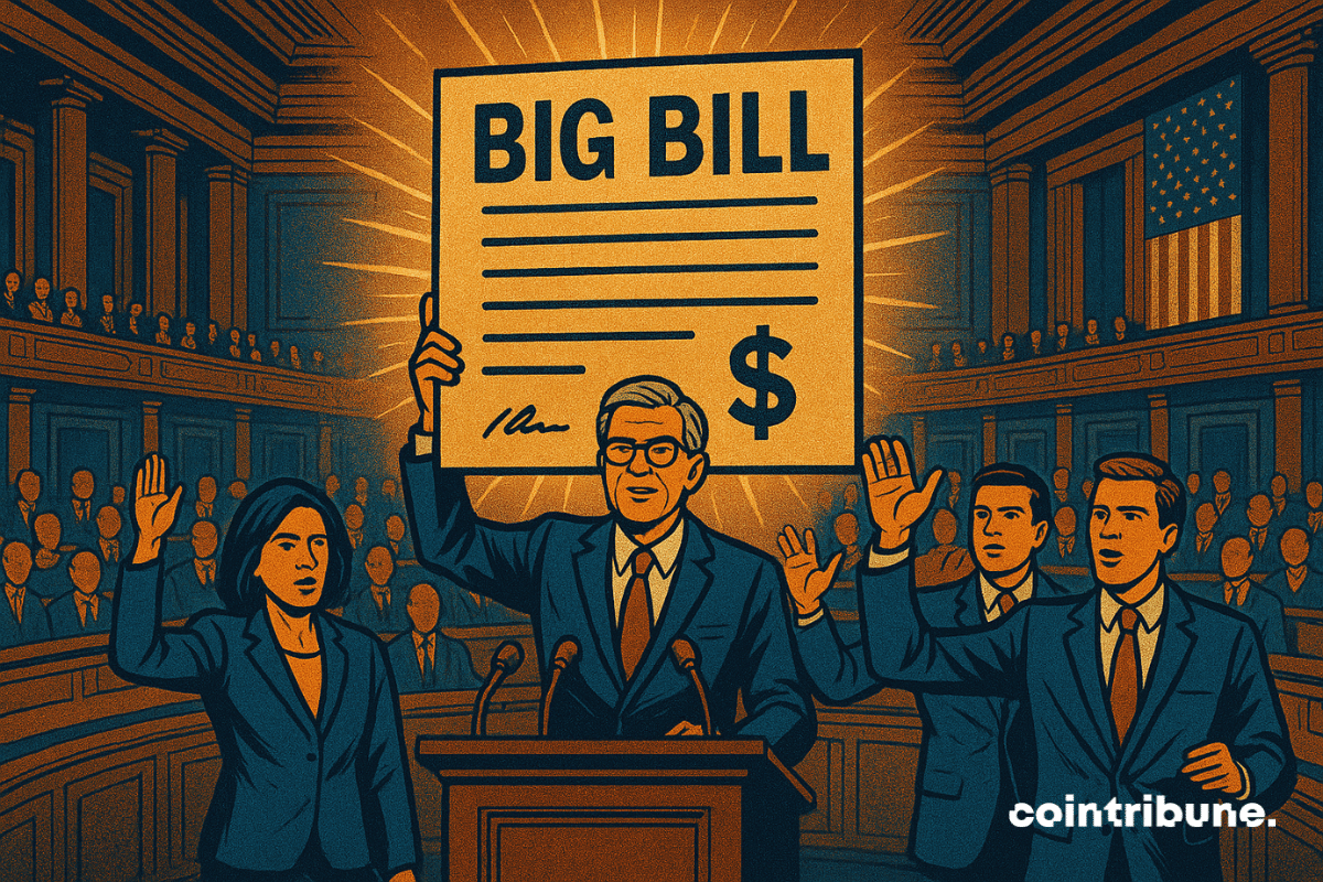 Illustration of U.S. lawmakers in Congress holding up a glowing document labeled “BIG BILL,” symbolizing the introduction of the GENIUS Act.