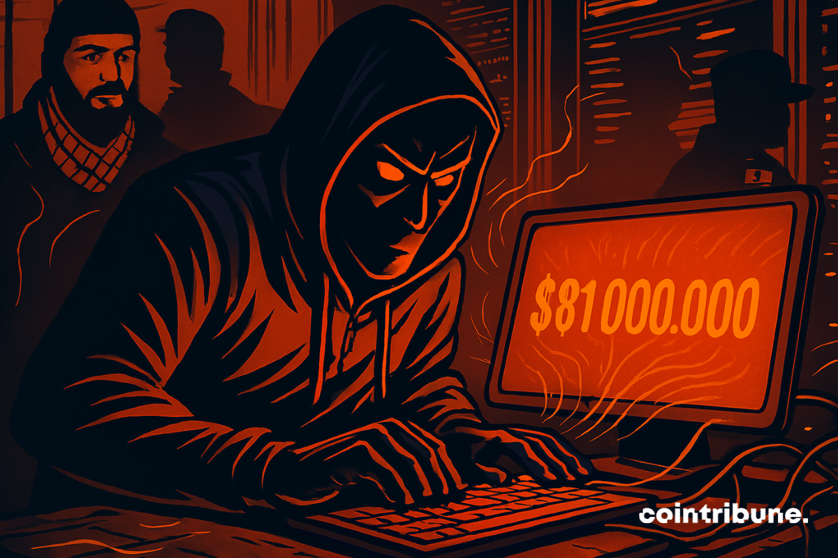 Hacker cuja tela exibe US$ 81 milhões e atrás dele há personagens representando Israel e Irã