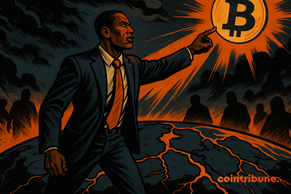 Arthur Hayes aponta para um símbolo brilhante do Bitcoin acima de uma Terra fraturada.