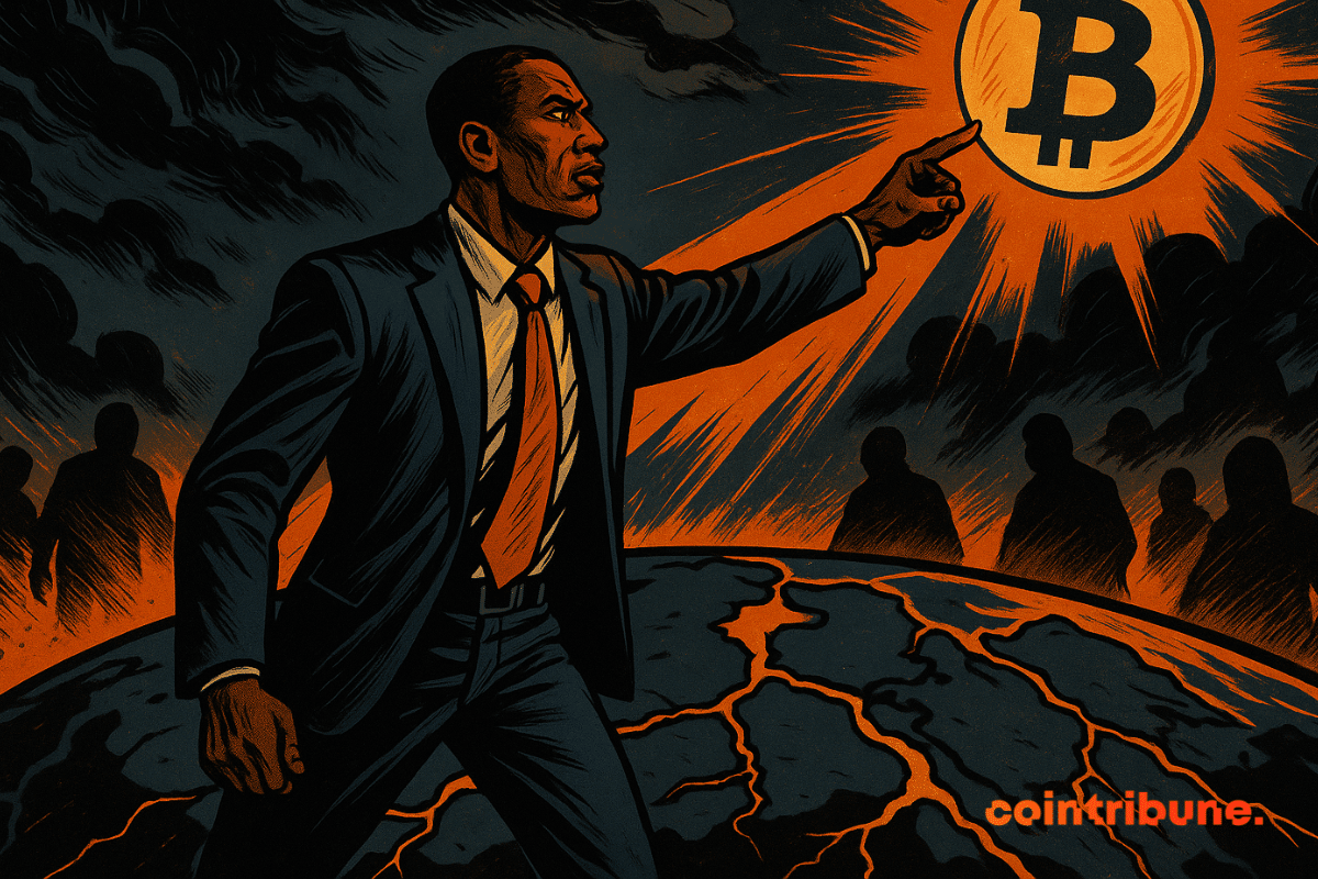 Arthur Hayes aponta para um símbolo brilhante do Bitcoin acima de uma Terra fraturada.