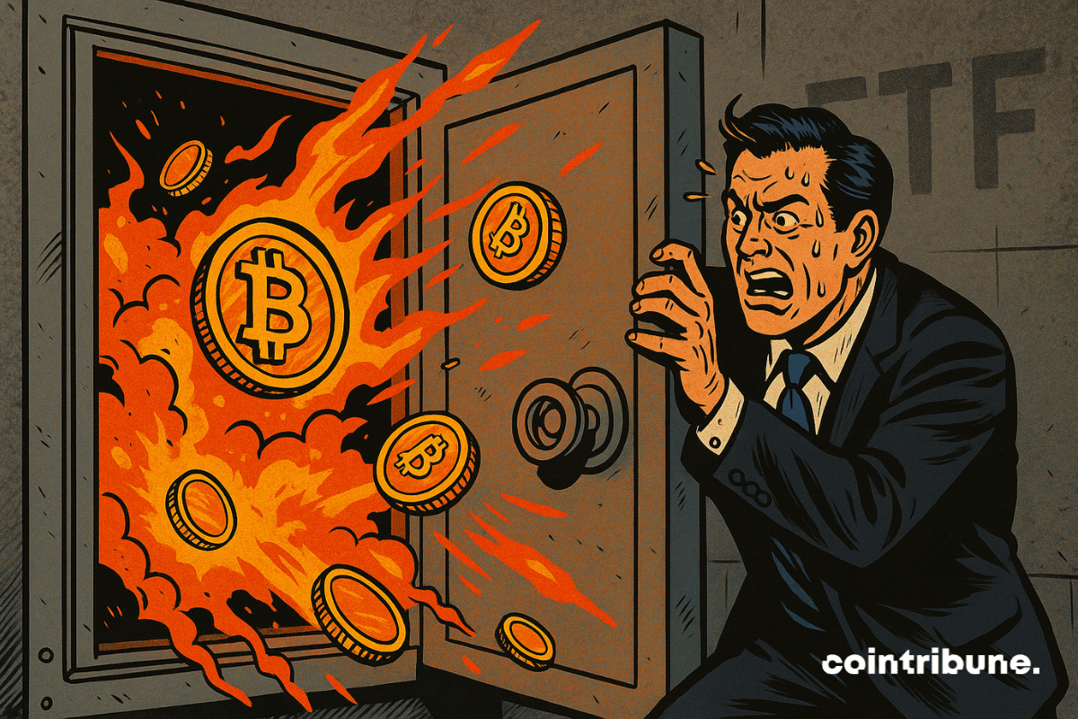Um cofre aberto com Bitcoins escapando como moedas em chamas.