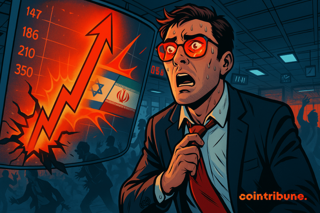 Analista financeiro chocado com números do mercado de ações, com uma tela exibindo ao fundo