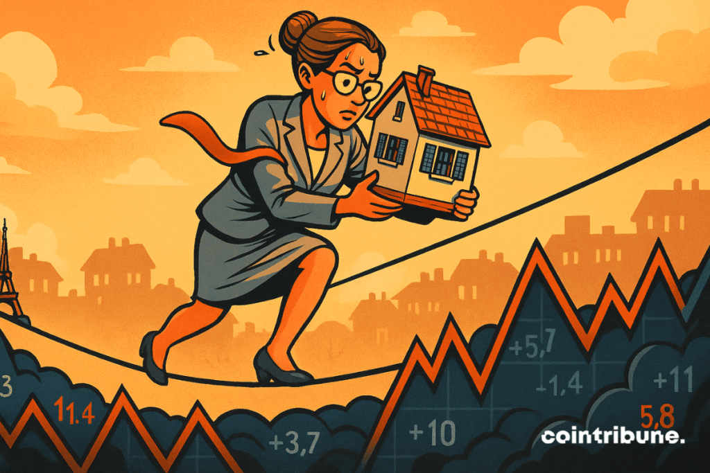 Un equilibrista lleva una casa sobre un gráfico mercado inmobiliario en Francia.