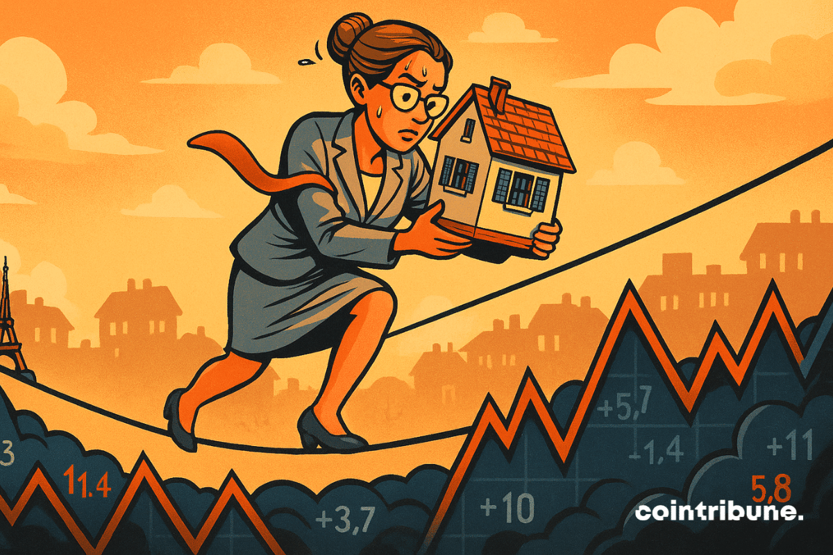 Equilibrista carregando uma casa acima de um mercado imobiliário gráfico na França.