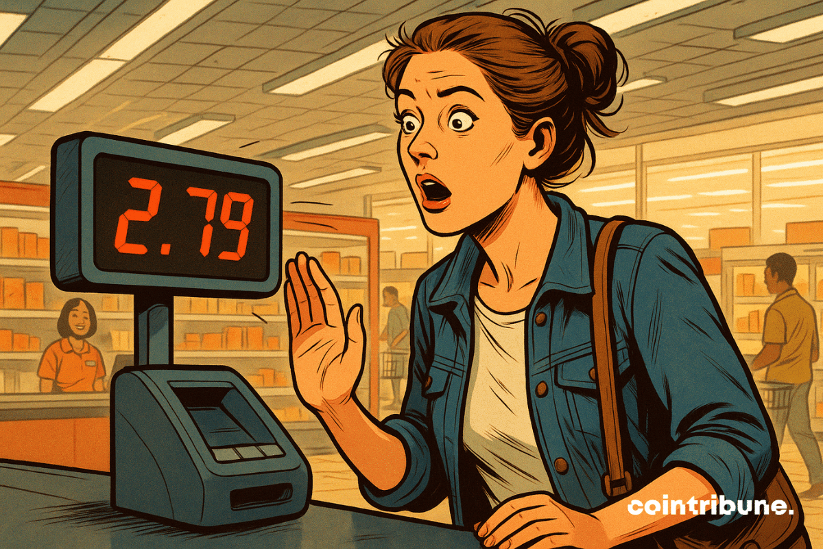 Uma mulher de classe média observa a etiqueta digital no caixa.