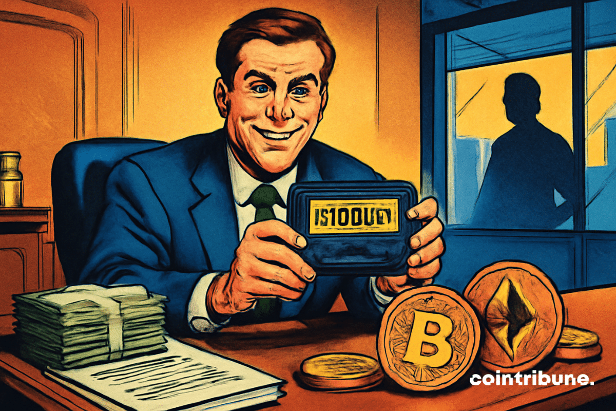 Um banqueiro elegante do JPMorgan em um terno cinza escuro, sorrindo com uma expressão de confiança, segurando uma carteira de criptomoedas nas mãos. A carteira exibe claramente uma grande quantia de dinheiro em cripto.