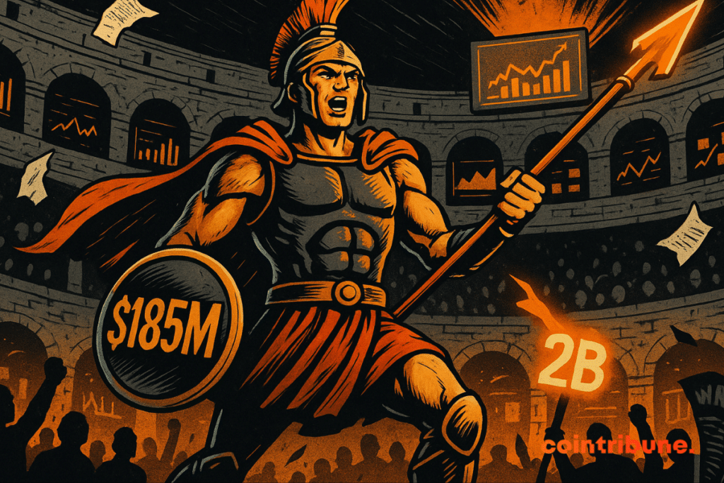 Gladiador Kalshi segurando um escudo de "US$ 185 milhões" e uma lança de "US$ 2 bilhões" em uma arena digital.
