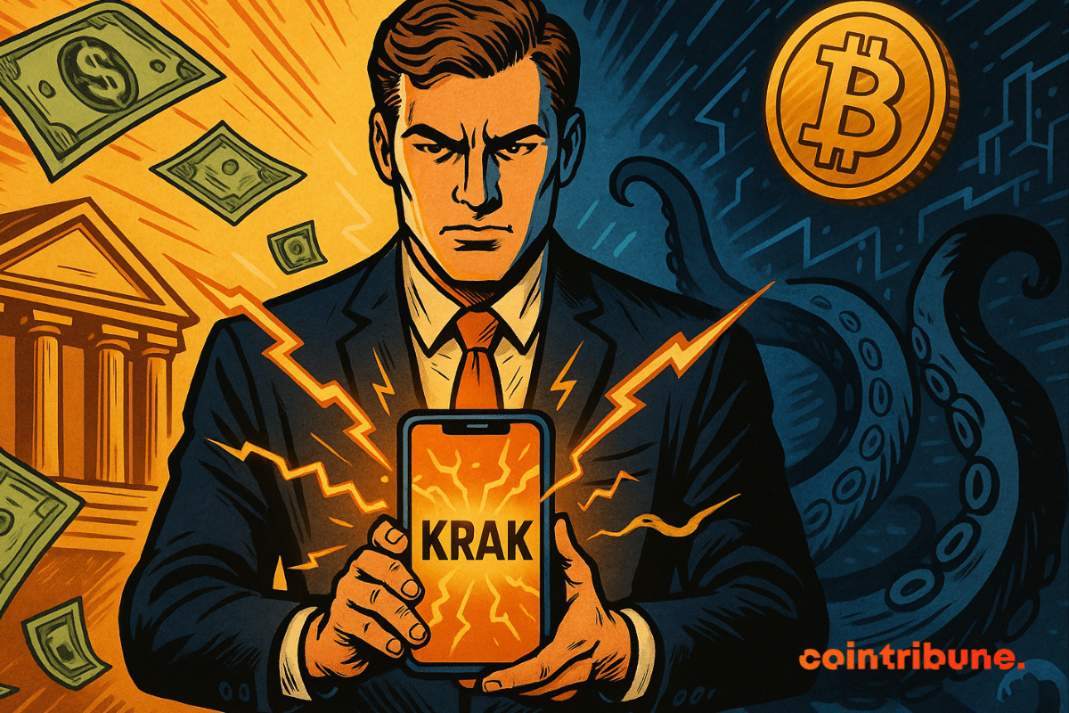 A businessman holding a smartphone with "KRAK," surrounded by money and crypto symbols.