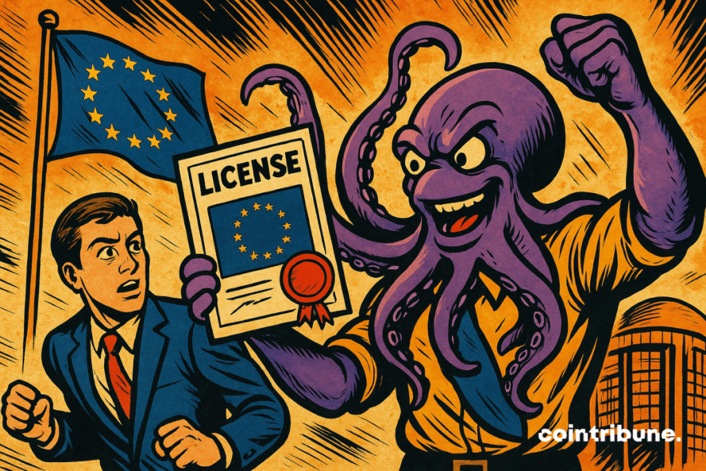 L’image montre un kraken violet au look humanoïde, brandissant triomphalement une licence crypto.
