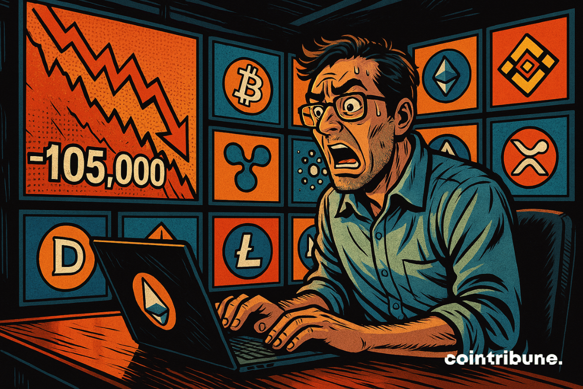 Comerciante em estado de pânico olhando para a tela de seu computador, com placas com logotipos de criptomoedas ao fundo