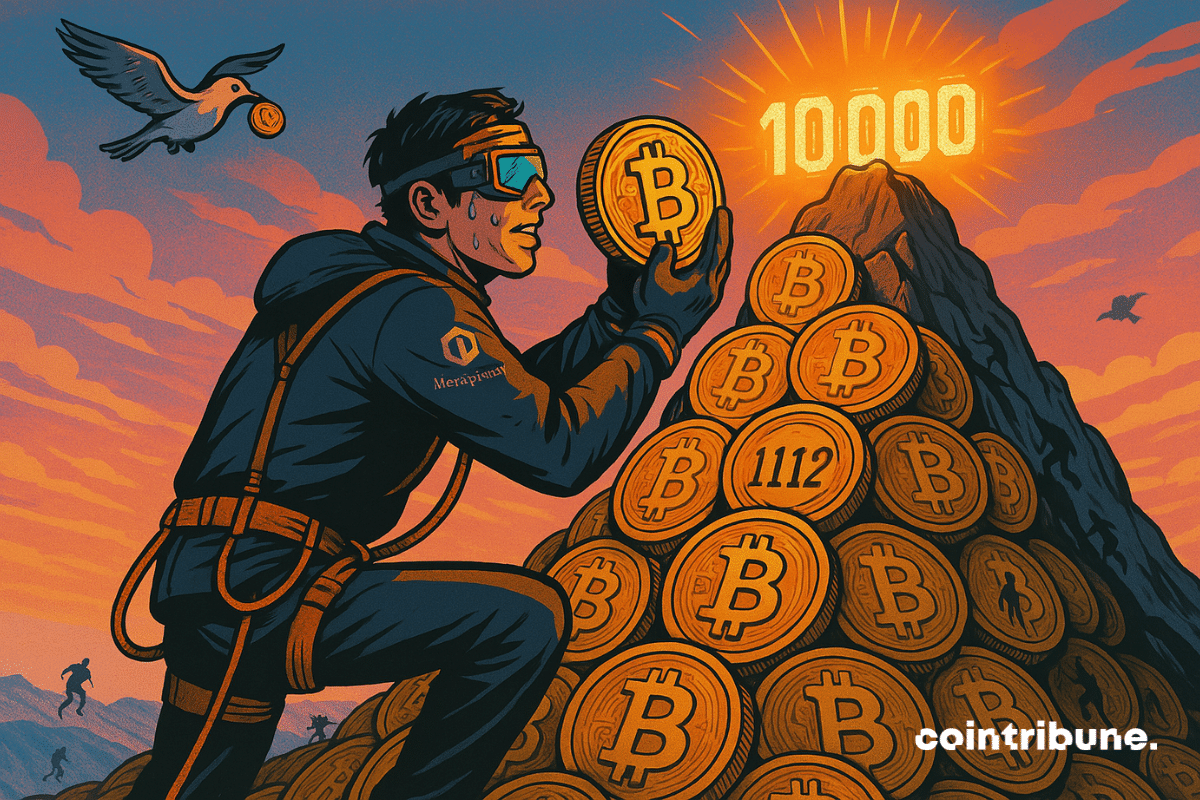 Alpinista nerd deixa cair uma moeda de bitcoin no topo de uma montanha