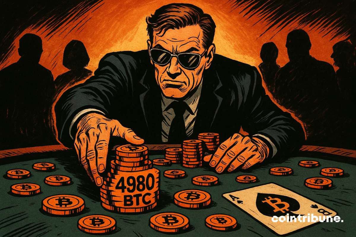 Homem de terno aposta 4.980 BTC no pôquer, expressão determinada, ambiente escuro e laranja, fichas de Bitcoin, carta de Ás modificada.