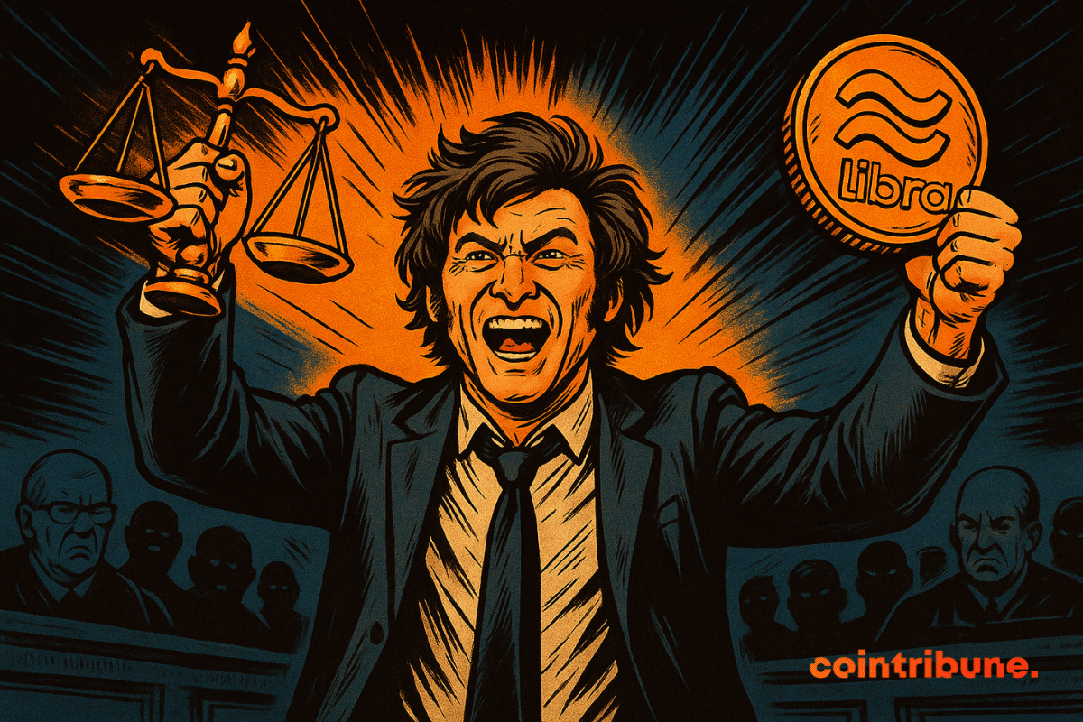 Javier Milei segurando a balança da justiça em uma mão e uma moeda de Libra na outra.