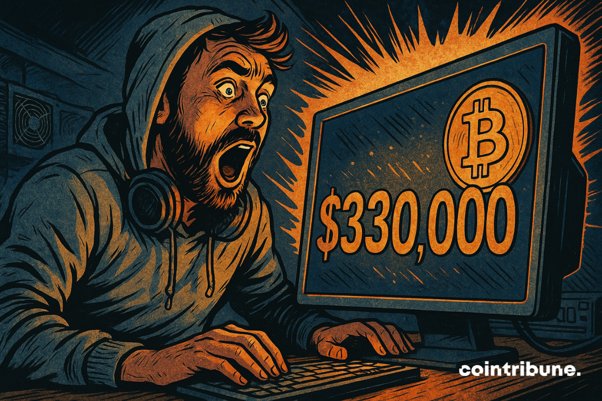 Indivíduo atônito em frente a uma tela com o logotipo do bitcoin e um valor de US$ 330.000