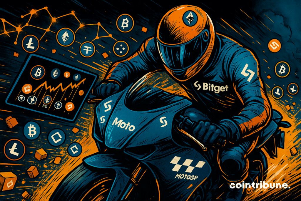 A Bitget rider speeds along, surrounded by crypto symbols and the MotoGP logo, against a dynamic backdrop.