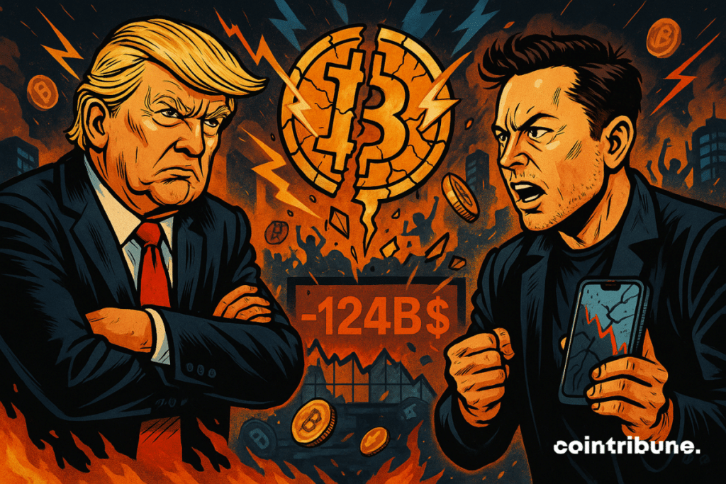Donald Trump confronta a Elon Musk, con un logo de Bitcoin destrozado al fondo