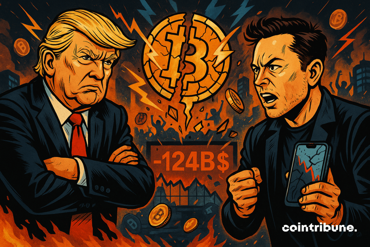 Donald Trump confronta Elon Musk, com um logotipo do Bitcoin destruído ao fundo