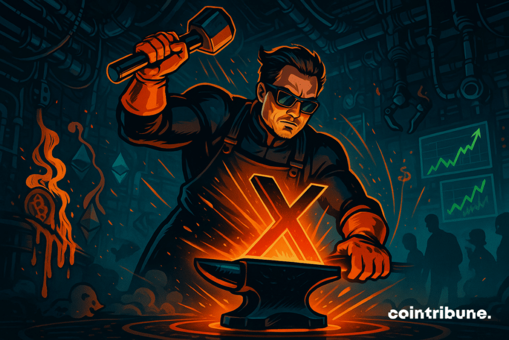 Elon Musk forge le logo X sur une enclume high-tech.