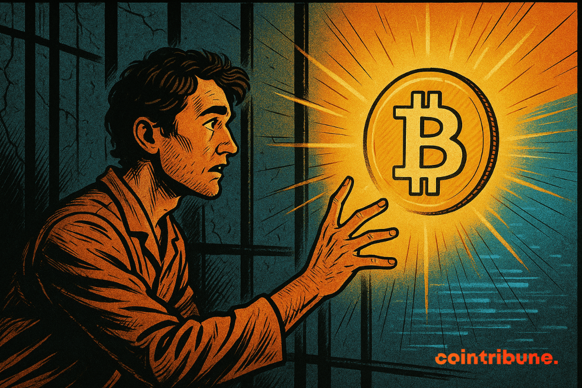 Ross Ulbricht alcançando um símbolo brilhante do Bitcoin.