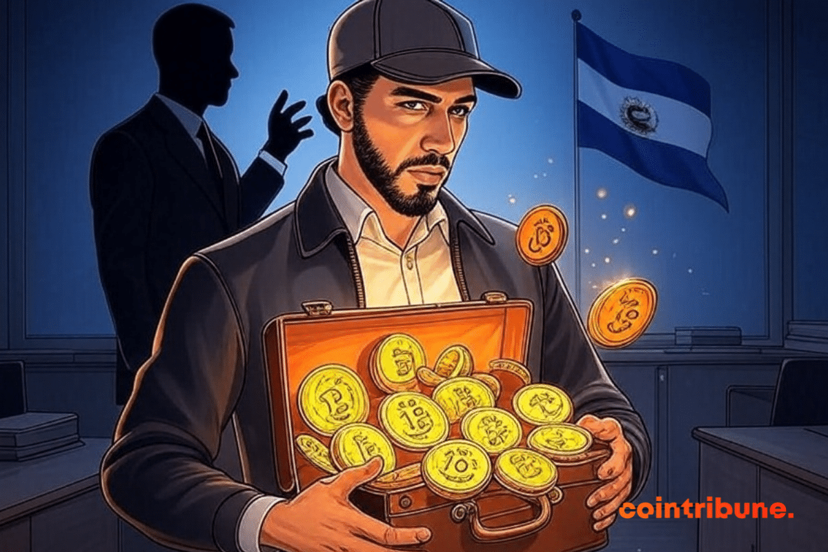 Nayib Bukele segurando um cofre de bitcoin com a sombra de um agente do FMI atrás dele