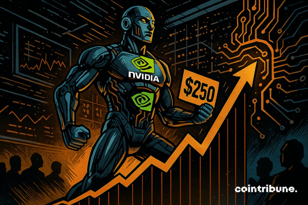 Un robot humanoïde, logo Nvidia sur le torse, domine un graphique boursier montant à 250$, avec arrière-plan technologique.