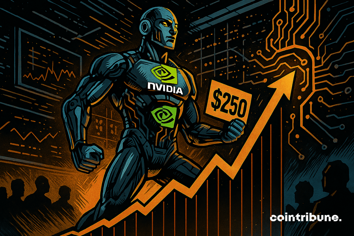 Un robot humanoïde, logo Nvidia sur le torse, domine un graphique boursier montant à 250$, avec arrière-plan technologique.
