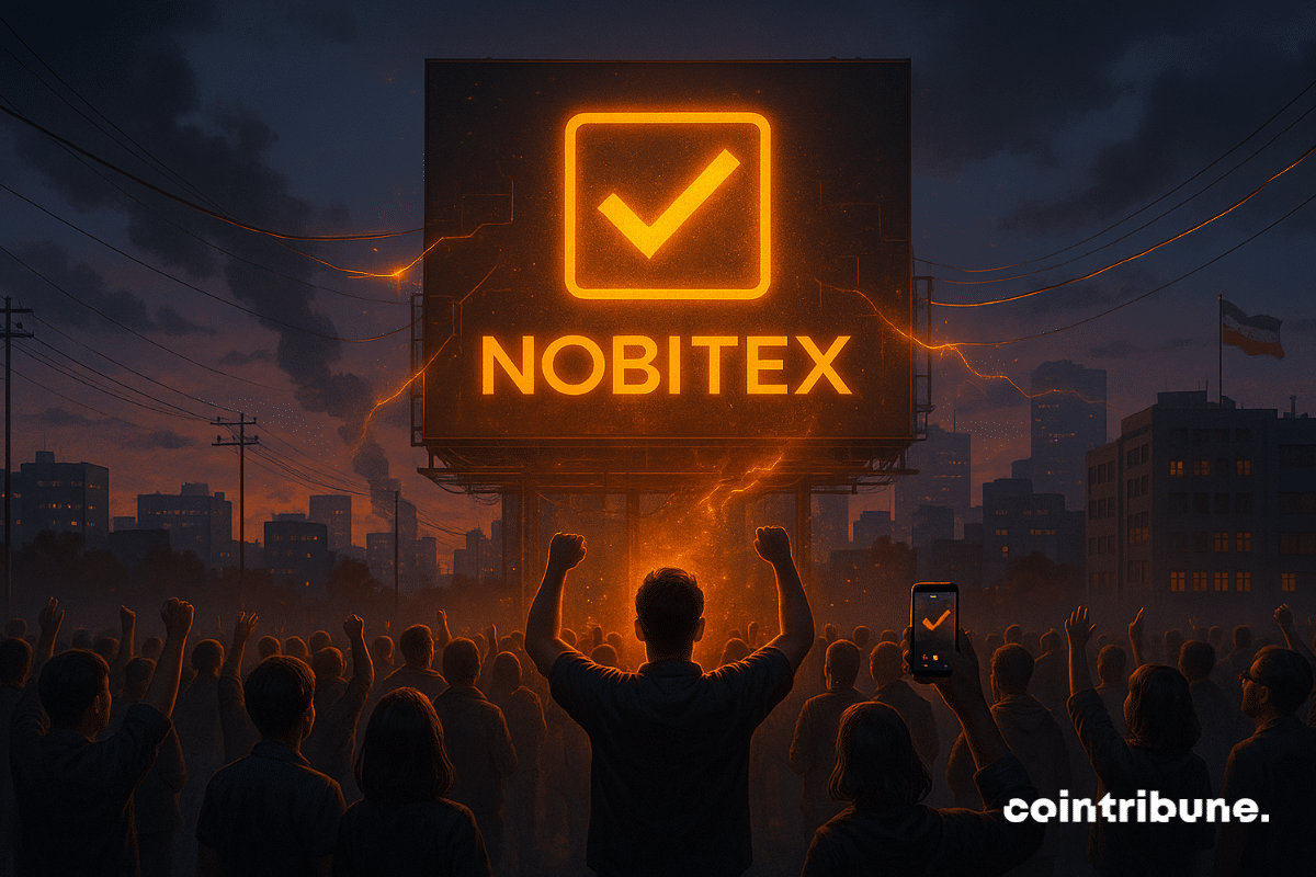 Multidão aplaudindo em frente a um outdoor brilhante da Nobitex.