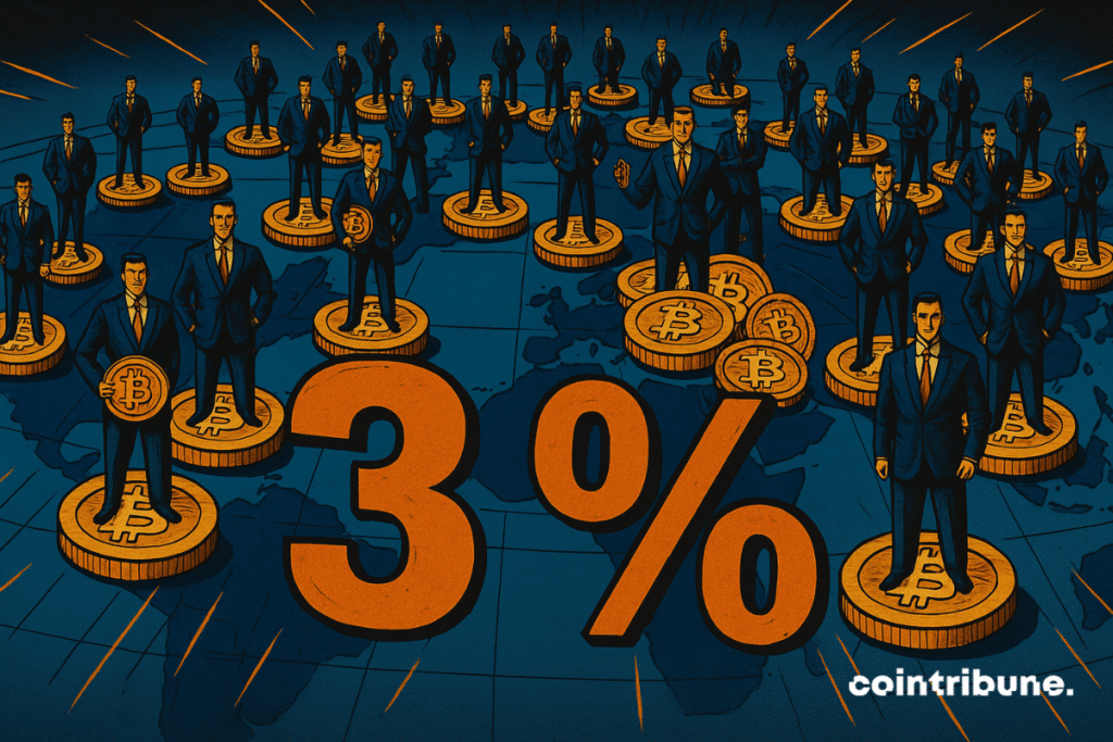 Empresários espalhados sobre moedas de bitcoin com o número "3%" na frente deles