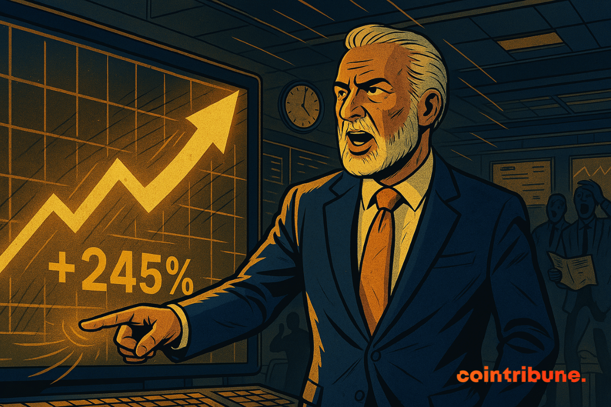 Portrait de Peter Schiff avec un écran affichant une hausse de +245 % à ses côtés