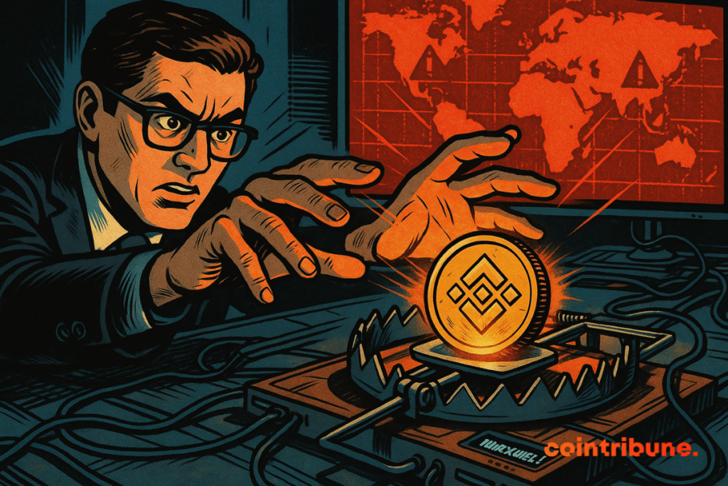 Comerciante tentando capturar uma moeda do BNB em uma ratoeira com o selo Maxwell