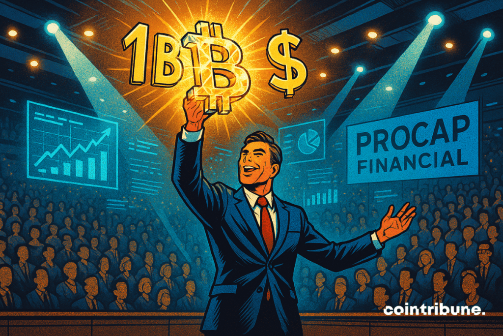 Ilustración de un inversor sosteniendo un brillante logotipo de bitcoin ante el público.