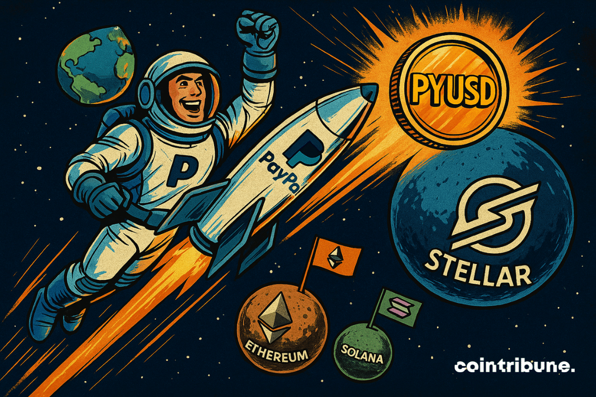 Un astronauta triunfante con los colores de PayPal impulsa un cohete con la marca "PayPal" hacia un planeta azul llamado Stellar, en una misión cripto intergaláctica.