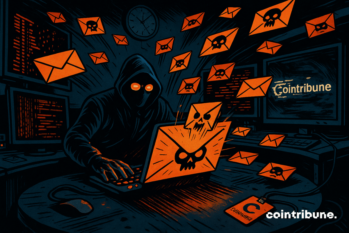 Um hacker sentado diante de uma imensa consola digital semicircular, repleta de telas e botões luminosos. Centenas de newsletters estilizadas como envelopes, com pequenos crânios ou rostos deformados, são lançadas da consola como projéteis, voando sobre sua cabeça, simbolizando o ataque de phishing contra a Cointribune.