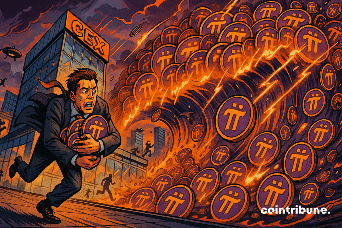 Um trader de criptomoedas segura uma pilha de moedas douradas e roxas da Pi Network à distância de um braço. Ele corre rapidamente por um corredor aberto, tentando escapar da onda.