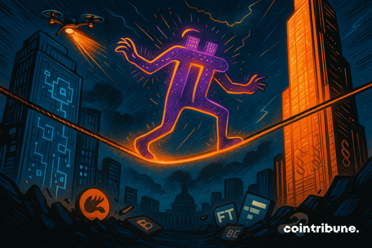 Le logo la crypto Pi Network (π) est personnifié et tente de garder l’équilibre sur une corde raide suspendue entre deux immeubles futuristes.