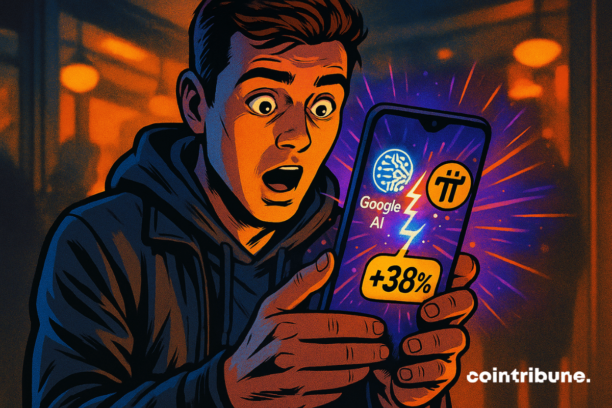 Um jovem investidor em criptomoedas segura um smartphone com as duas mãos. Na tela, uma interface estilizada exibe os ícones do Google AI e do Pi Network conectados por um fluxo de dados luminoso.