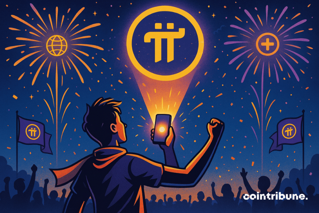 A crypto investor seen from a three-quarter back view, arms raised, holding a glowing smartphone pointed toward the night sky. The Pi Network logo (a stylized golden π within a violet circle) is projected above him as a giant hologram, floating in the sky like a sacred emblem.