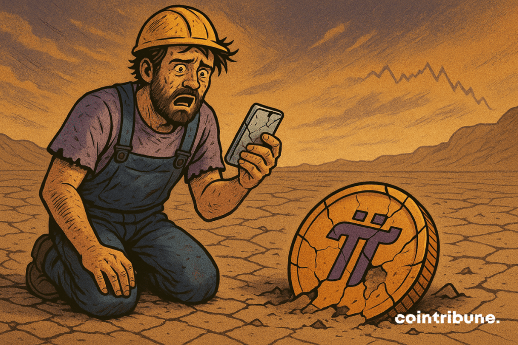 A mobile mining specialist in crypto workwear, holding his cracked phone.