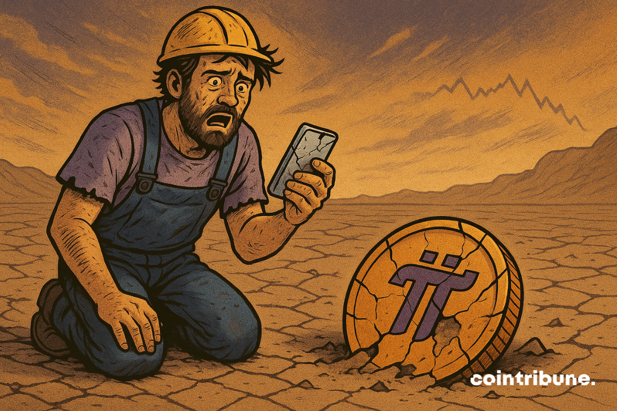 Um especialista em mineração móvel com roupa de trabalho cripto, segurando seu celular rachado.