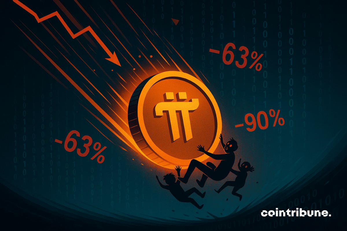 Uma criptomoeda gigante, Pi, despenca em um abismo digital.