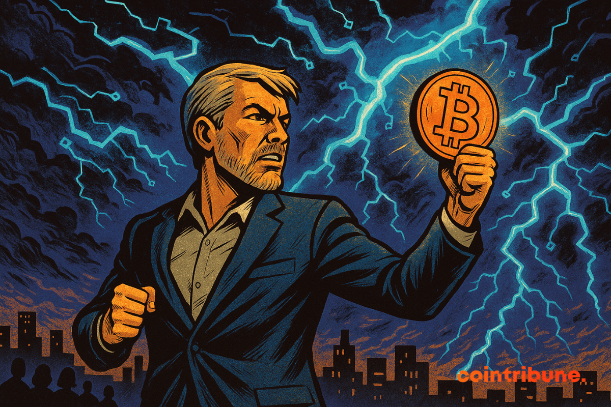Michael Saylor segura Bitcoins brilhantes contra um céu tempestuoso e cheio de relâmpagos.