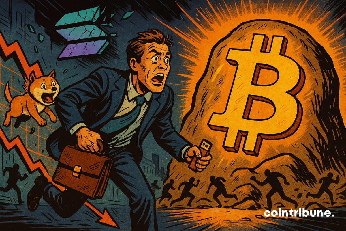 Trader fleeing declining altcoins (Dogecoin, Solana, etc.) and approaching a bitcoin rock