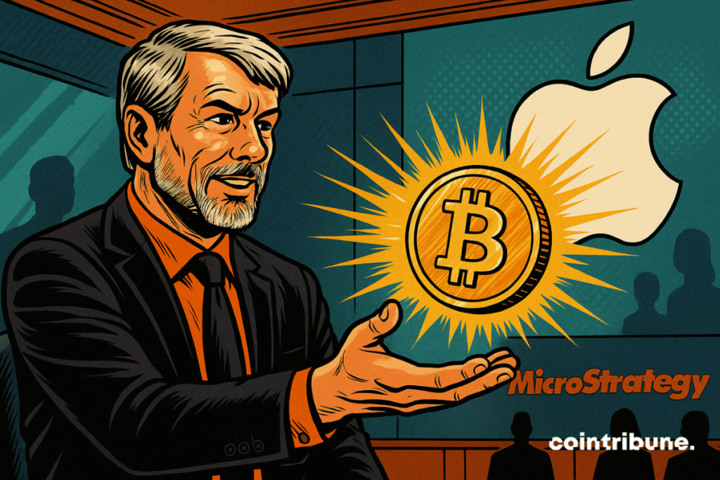 Michael Saylor sosteniendo una brillante moneda de bitcoin con el logo de Apple de fondo