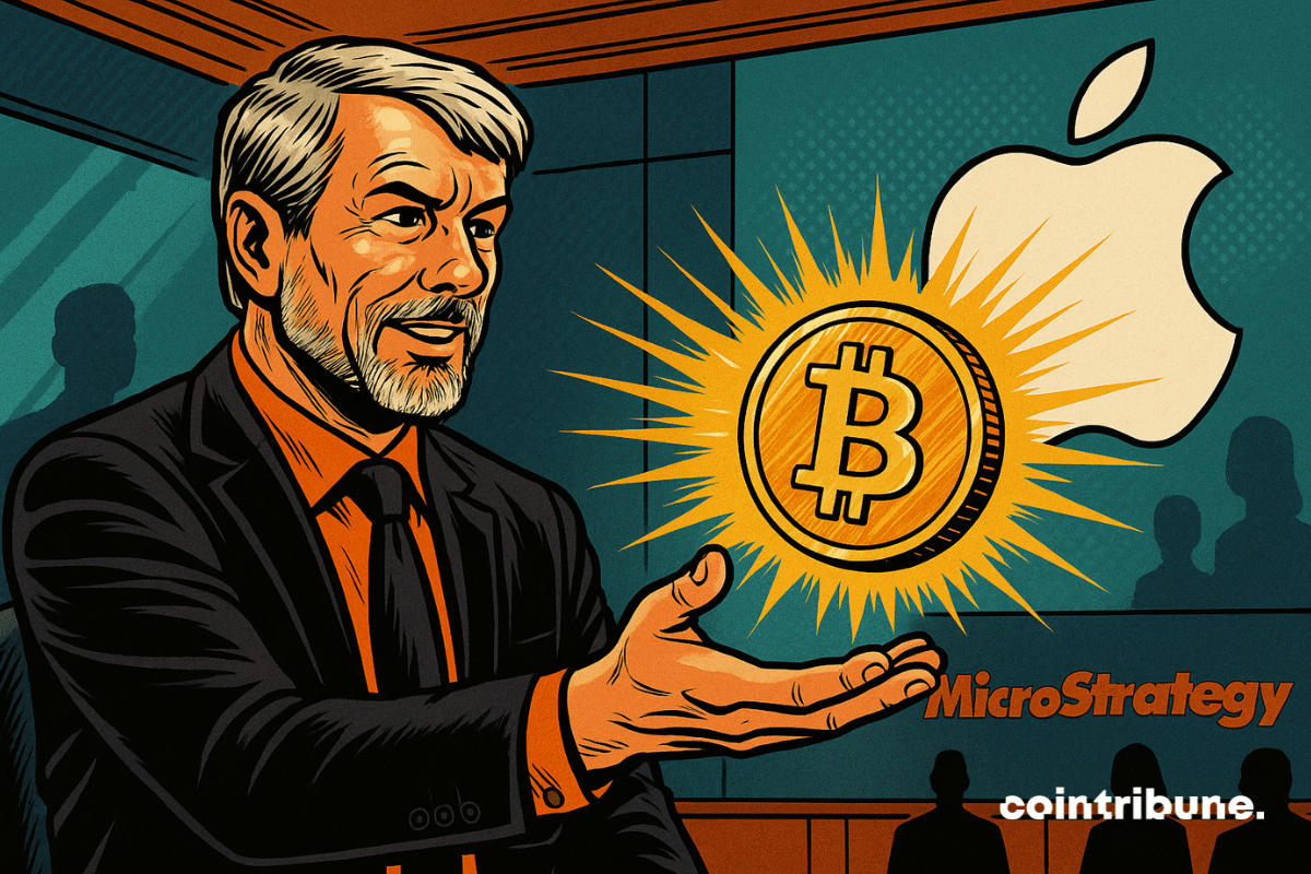 Michael Saylor segurando uma moeda de bitcoin brilhante com o logotipo da Apple como plano de fundo