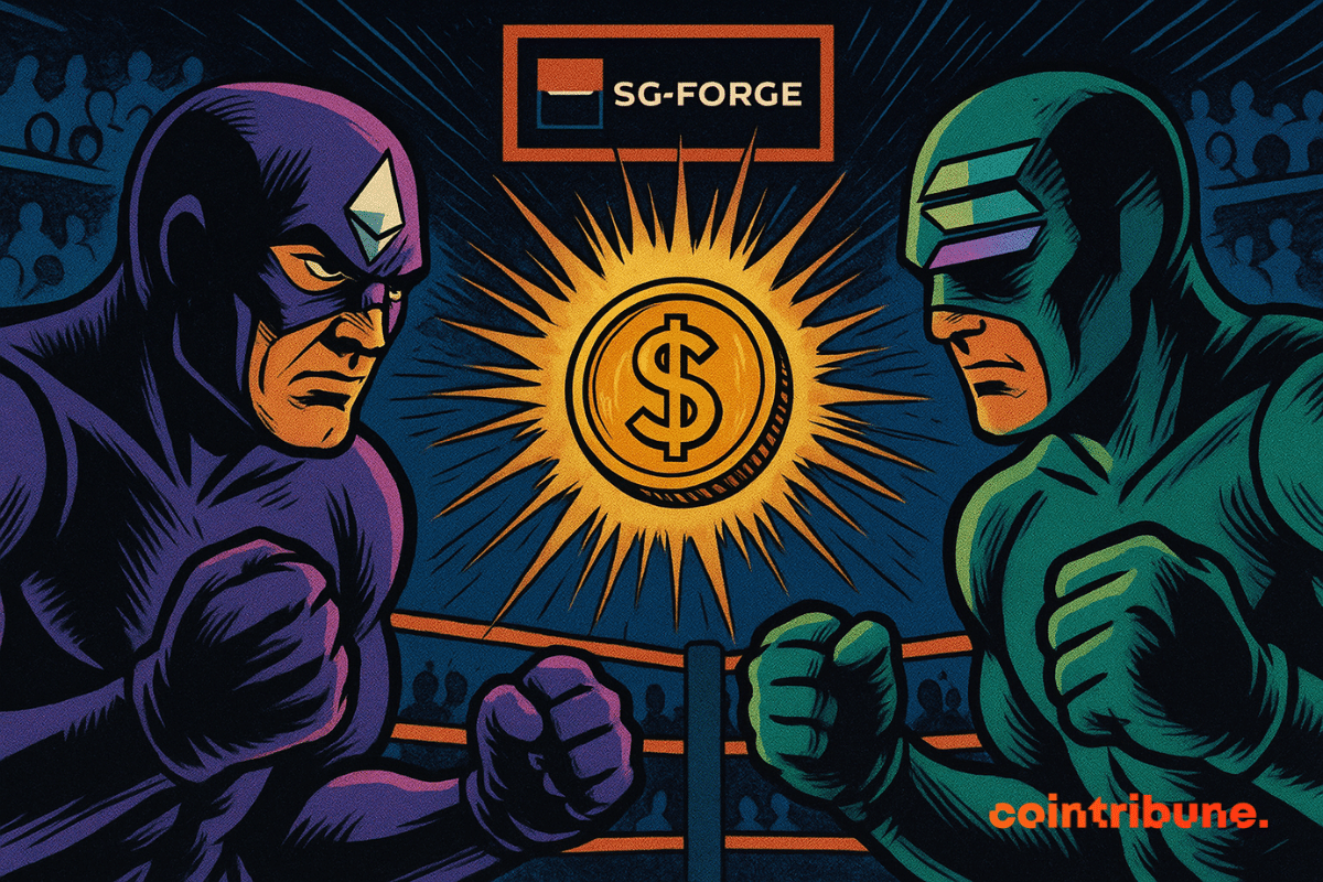 Deux super-héros arborant des combinaisons avec les logos de Solana et Ethereum, au centre se trouve une pièce de dollars avec le logo de SG-FORGE comme fond