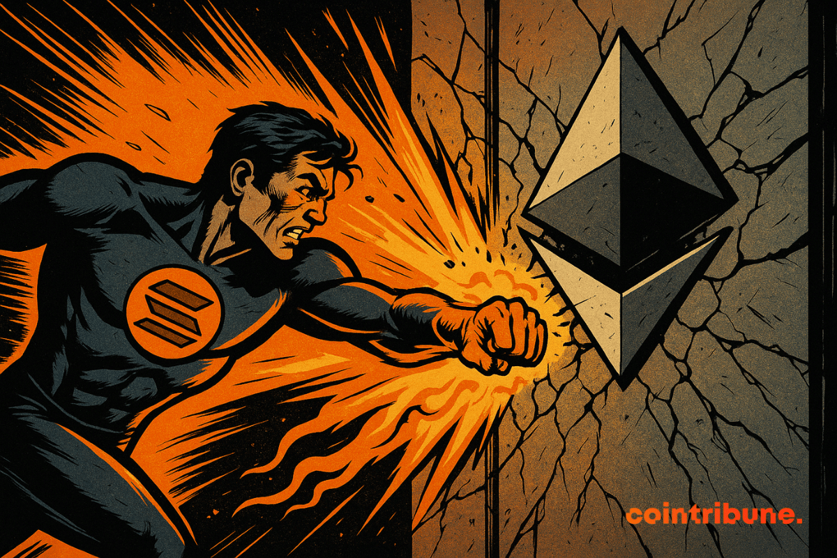 Solana, em um traje dinâmico, dá um soco em uma parede rachada de Ethereum, cercada por uma energia laranja brilhante, no estilo de uma história em quadrinhos.