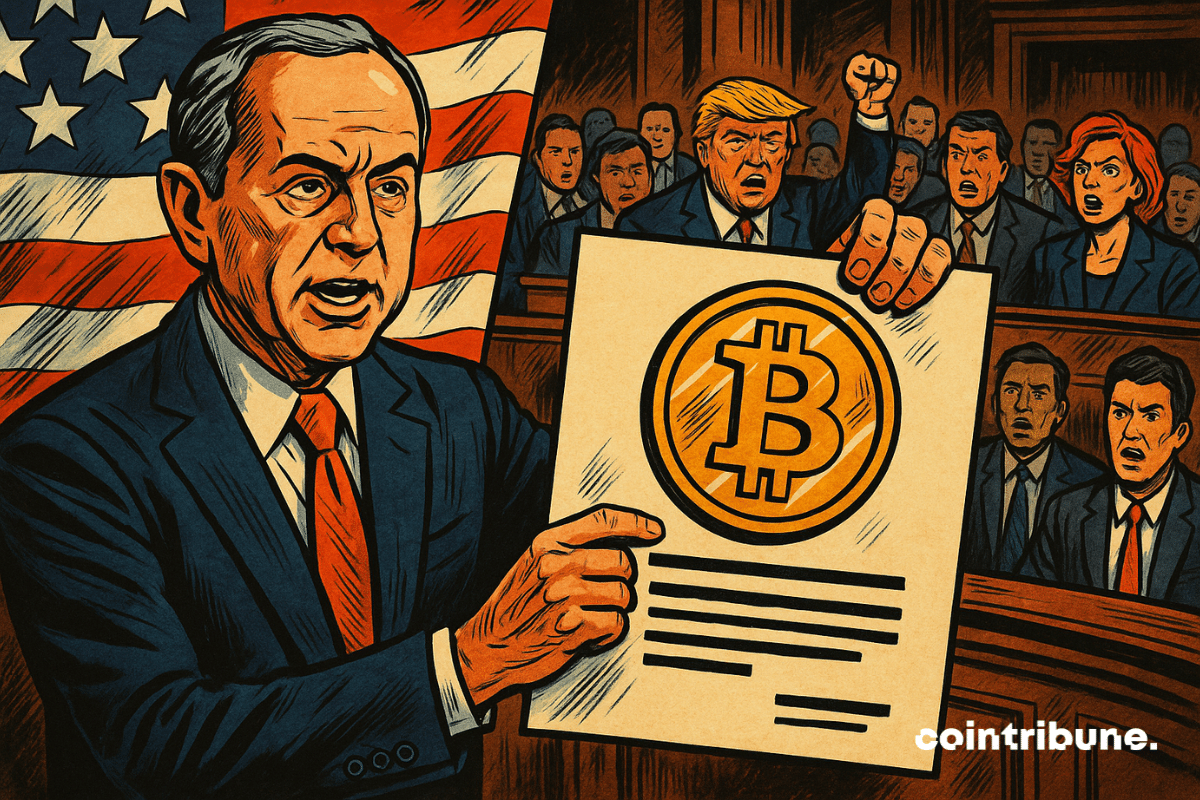 Ilustración del senador Adam Schiff sosteniendo un billete de un dólar marcado con el símbolo de criptomoneda.