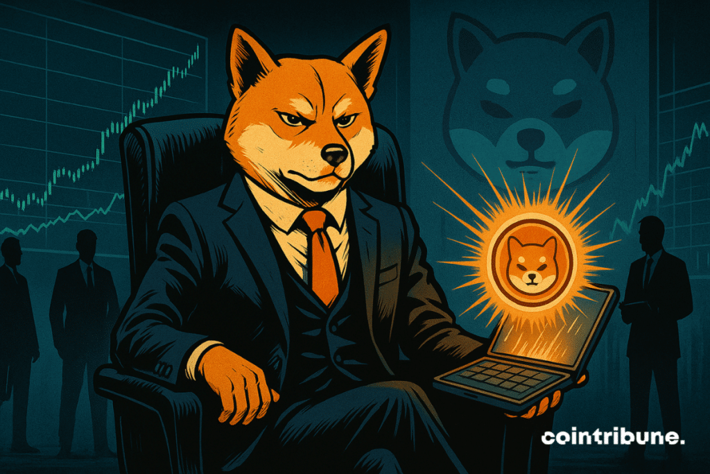 Un Shiba Inu antropomórfico, encarnación simbólica del token SHIB, sentado con autoridad en un gran sillón estilo CEO, con una pierna cruzada, una mano apoyada con calma en el reposabrazos y la otra sosteniendo una billetera cripto estilizada, abierta y brillante.